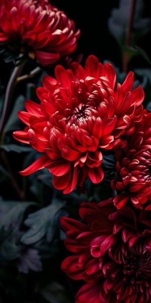 大红色的秋菊怒放在黑色的背景，犹如一颗明亮的宝石，花瓣轻柔而饱满，中国风，暗黑系，超高清，超真实，