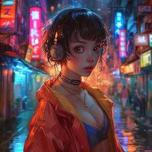 Vibrant Cityscape: Charming Anime-inspired Girl with Expressive Eyes