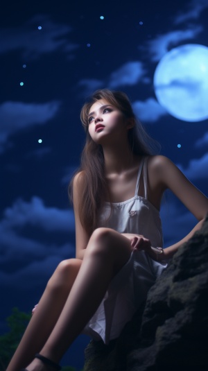 亚洲美女白色吊带超短裤下的夜空大月亮