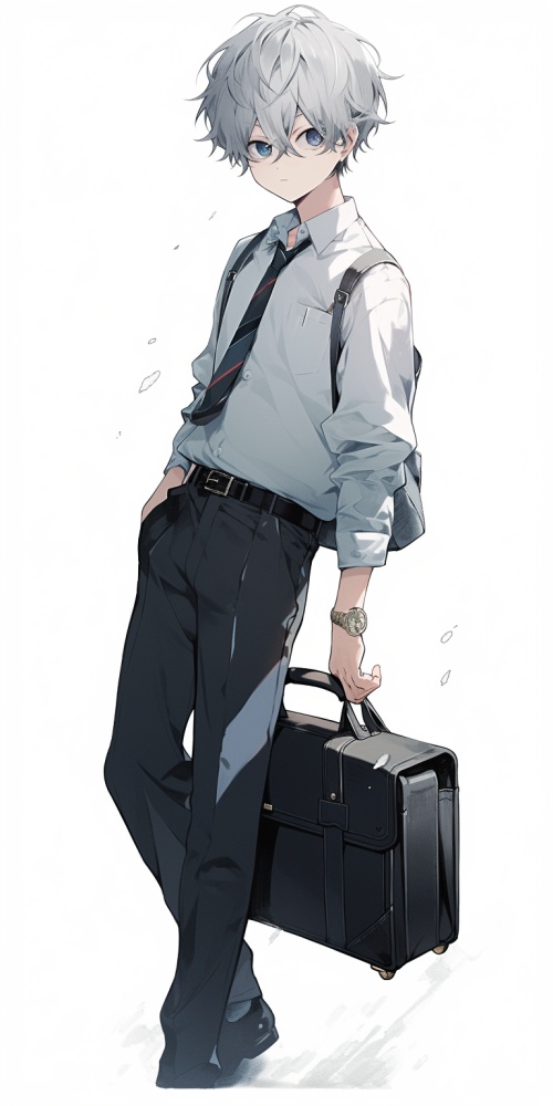 一个灰色头发的男生，穿着蓝色的英伦风校服，灰色长裤，背上搭着一个黑色公文包，全身，白色背景