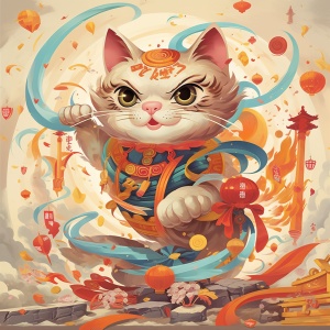 中国风壁画：猫咪优雅盘旋在月光中
