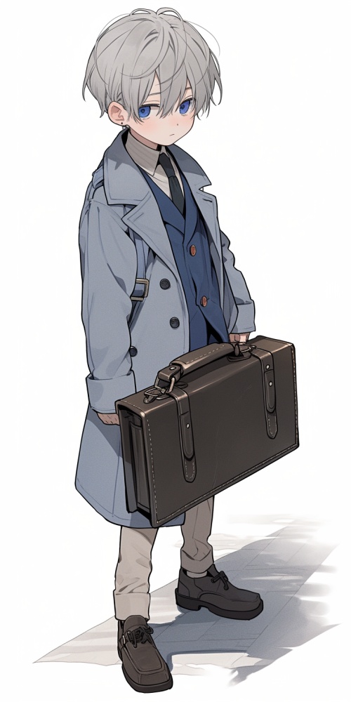 一个灰色头发的男生，蓝色的眼睛，蓝色的校服外套，灰色长裤，背上搭着一个黑色公文包，全身，白色背景，蓝色的校服外套，蓝色的校服外套
