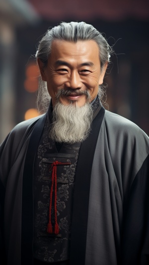 一个男人，中国风，花白胡子，正脸，笑容，中国唐装，