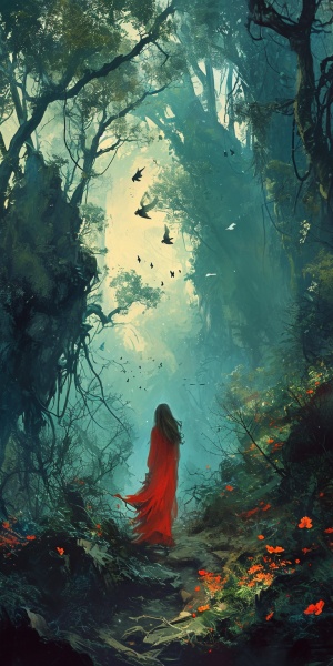 红衣女子在原始森林中
