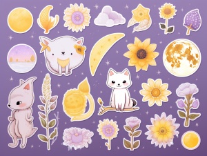 Cute Animal and Moon Stickers in Light Purple and Yellow