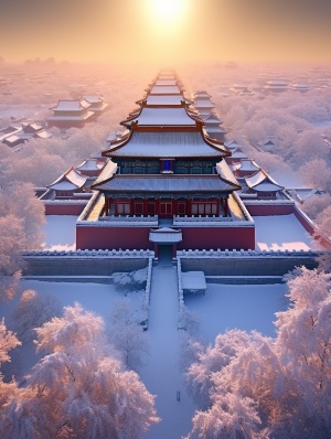 冬日故宫，雪花飞舞，阳光照下的壮观景色