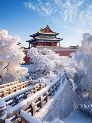 冬日故宫，雪花飞舞，阳光照下的壮观景色