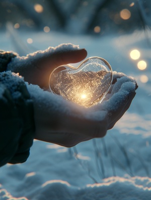 this person is holding a clear heart in the snow, in the style of rendered in cinema4d, adam elsheimer, zeiss batis 18mm f2.8, soft, romantic scenes, drugcore, ray eames, gentle expressions