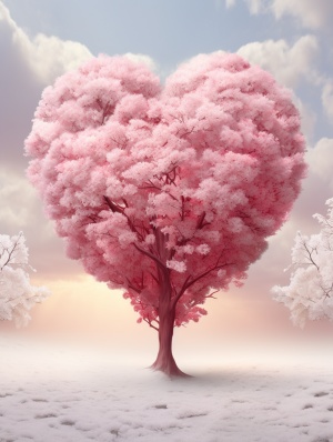 一棵高大的爱心树，粉色的，红色的，白色，上面覆盖了满满的雪，周围一切白茫茫的。