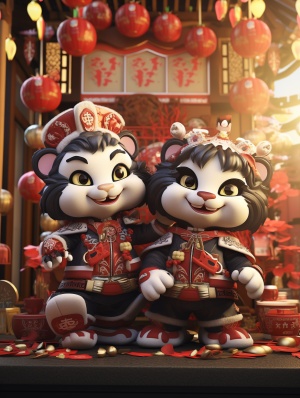 Playful Black and White Cats in Chinese Lion Dance