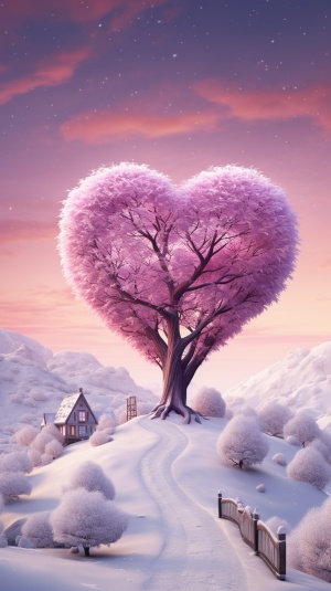 粉红色雪景，中间有棵超大的心形树，心形特别明显，旁边有小房子，唯美，高清，细节细腻，冰雪覆盖，写实，8k，天空有极光