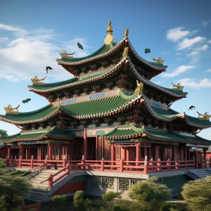 一个绿色屋顶的中国寺庙的截图，在饱和色的风格，rollei prego 90，红色和蓝色，大胆，戏剧性的形式，现实主义的细节，曲木，注重细节