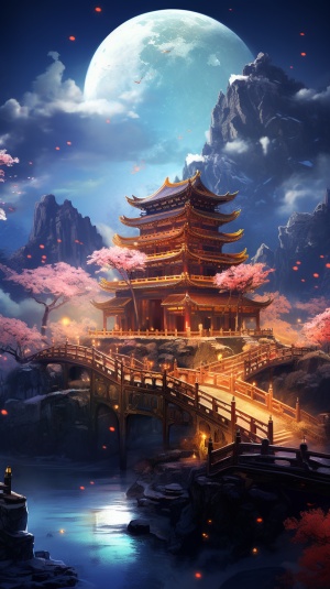 Chinese style, the place where Chinesegods live, at night, mountains and rivers,pavilions, magnificent, lights, bright lights,Chinese style palaces, palaces, inlaid withgold, clouds and mist, fairy air, summer,night, large lights, no dark corners, 3Dfairy game painting style, rich details,high-definition, ice blue, cool colors,shocking scenes, grand,game screenstyle,16kar3:4s 200q5v5.2
