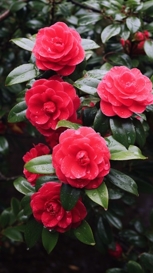 雨后美丽的红色山茶花，五六朵花带花蕾，背景园林虚幻，水珠晶莹剔透，天气晴朗，最高清画质，满园的山茶花花海花朵真实拍摄，细节清晰，佳能镜头，50mm， f22 v 5.1