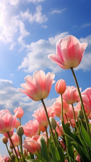 清晨阳光下的粉色郁金香与蓝天白云
