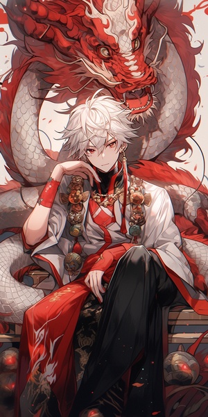 anime boy sitting on a pile of red and gold dragon, loong, handsome japanese demon boy, cai xukun, by Shitao, white haired deity, by Yang J, as an anthropomorphic dragon, at pixiv, keqing from genshin impact, detailed fanart, nagito komaeda, pixiv contest winner niji 5 ar 3:4