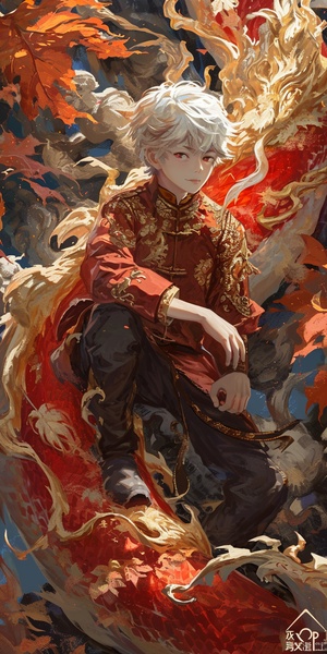 anime boy sitting on a pile of red and gold dragon, loong, handsome japanese demon boy, cai xukun, by Shitao, white haired deity, by Yang J, as an anthropomorphic dragon, at pixiv, keqing from genshin impact, detailed fanart, nagito komaeda, pixiv contest winner niji 5 ar 3:4