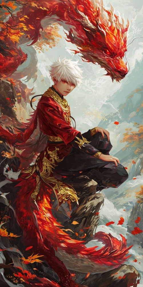 anime boy sitting on a pile of red and gold dragon, loong, handsome japanese demon boy, cai xukun, by Shitao, white haired deity, by Yang J, as an anthropomorphic dragon, at pixiv, keqing from genshin impact, detailed fanart, nagito komaeda, pixiv contest winner niji 5 ar 3:4