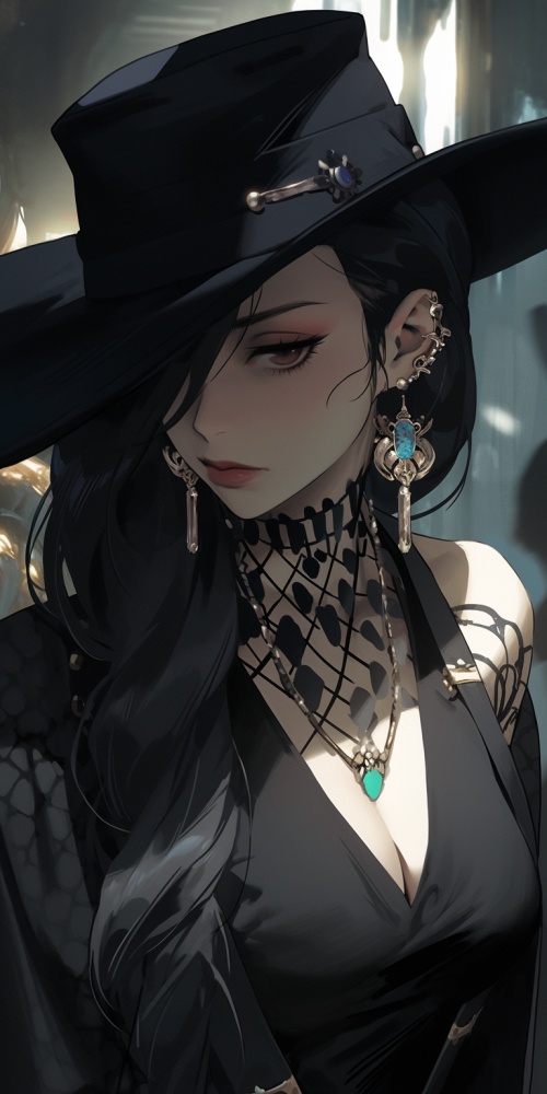 a female costume with a long hat, necklaces and earrings, in the style of [yuumei], realistic hyper-detailed portraits, [carl eugen keel], official art, [patrick nagel], havencore, dark gold and light black niji 5 ar 3:4