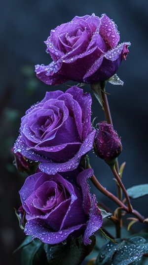Three Purple Roses with Drops: A Stunning Nature Shot