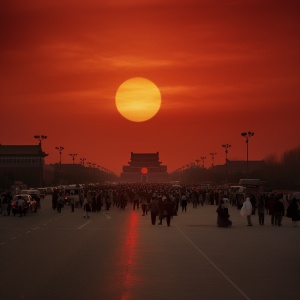 彩色一轮古月照北京天安门