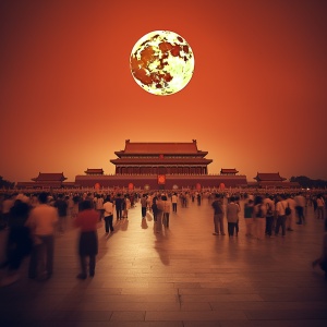 彩色一轮古月照北京天安门