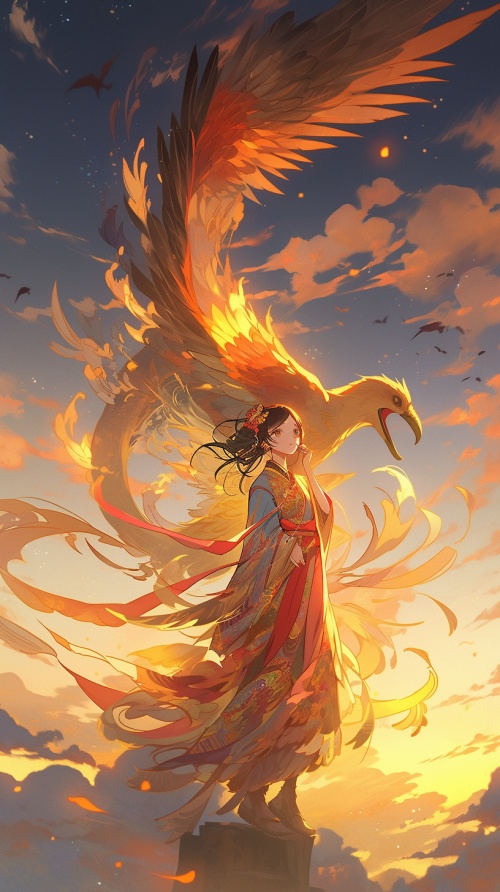 一个金色凤凰带着绝美古风女人在天上飞 落日的天空