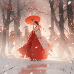 juanita zhao的一幅画，画中一位女士走过一个地区并穿着柔美红色冬季汉服，拿着她的伞，以浪漫的柔和焦点和空灵的灯光风格，yanjun cheng，大红色，新年，喜庆，寒冬，自然的欢乐庆典，理光ff-9d，高质量的照片，空中漂着雪花