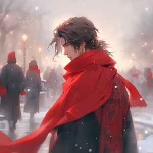 juanita zhao的一幅画，画中一位英俊的男子走过一个地区并穿着柔美红色冬季汉服，系着围巾，以浪漫的柔和焦点和空灵的灯光风格，yanjun cheng，大红色，新年，喜庆，寒冬，自然的欢乐庆典，理光ff-9d，高质量的照片，空中漂着雪花，浪漫朦胧感