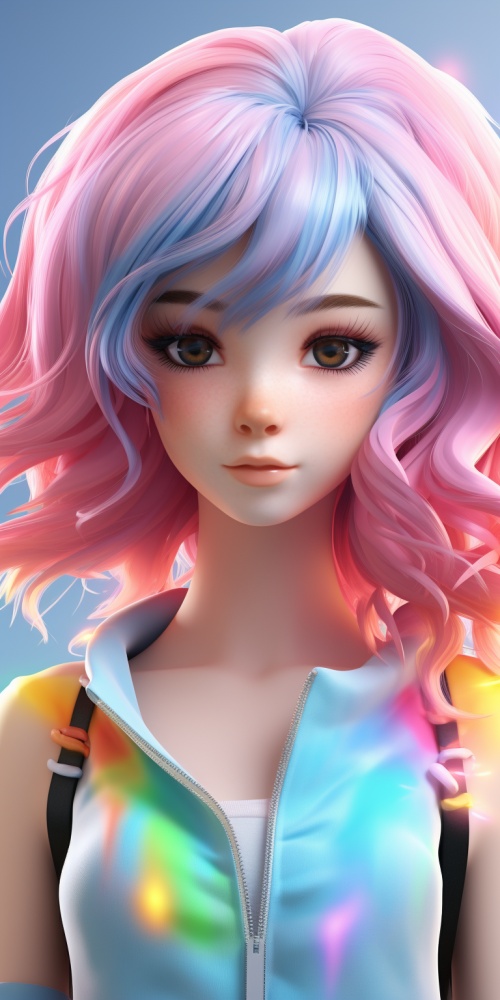 anime girl unicorn hair swollen chest cartoon stylized rainbow