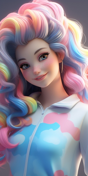 Anime Girl with Unicorn Hair and Stylized Rainbow