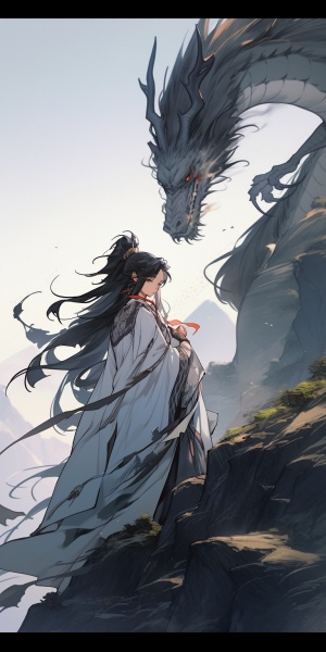 画一条中国龙，黑色的龙， 17 岁少年，乌黑长发，穿着灰色古风长衫，站立在山巅