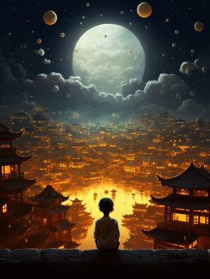圆月当空，月光皎洁，月亮特别圆，特别亮，近处有复古建筑，一个古装孩童在遥望月亮，中国风