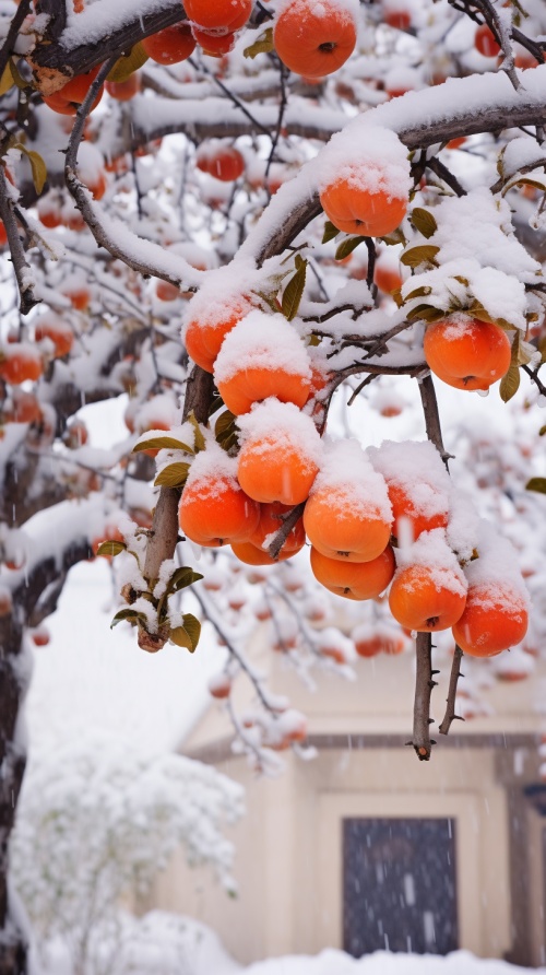 一颗柿子树挂满柿子，下雪，厚厚白雪，江南小镇，雪花，摄影