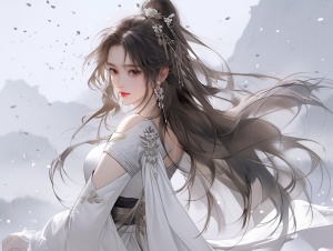 一个少女汉代发型长发飘飘五官精致身穿银白色汉代服装仙气飘飘，非常优雅