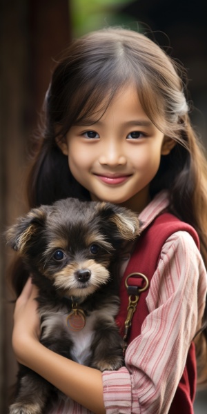 可爱八岁中国小女孩与小宠物开怀大笑