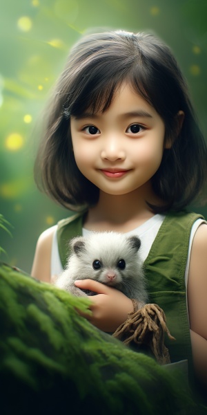 八岁中国小女孩，可爱，微笑，怀抱一只小宠物，看向你，绿色树林背景，超清，