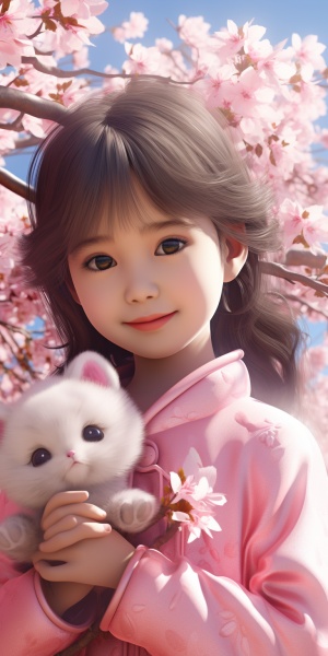 八岁中国小女孩，可爱，微笑，怀抱一只小宠物，看向你，粉色樱花背景，超清，