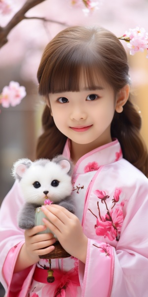 可爱八岁中国小女孩微笑怀抱小宠物