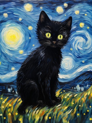 A cute black cat and Van Gogh's starry sky