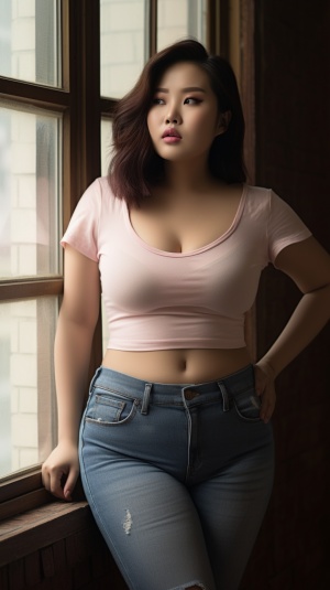 时尚中式美女，三十岁，肥胖的身材重200斤，纯色T恤，牛仔裤，波浪短发，成熟有女人味，站在窗户前