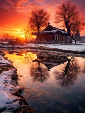 冬日黄昏的落日霞光与池塘边的房屋倒影