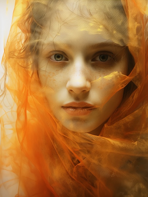 一个美女，美丽的眼睛，穿着层层叠叠的橙色轻纱衣，金线描边，蕾丝，水墨人像，肖像特写，肌理磨砂，炫彩光影，32K，唯美，梦幻，薄雾，肌理磨砂去除