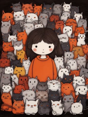 A lot of cats surrounding a cute little girl
