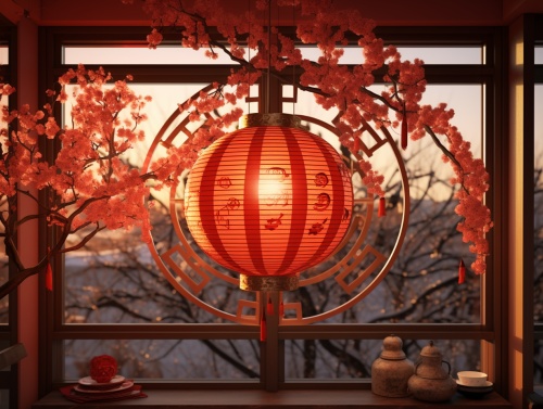 圆形花窗，挂一个中国红灯笼，灯笼上写：新年好。