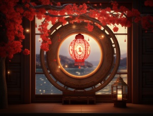 圆形花窗，挂一个中国红灯笼，灯笼上写：新年好。