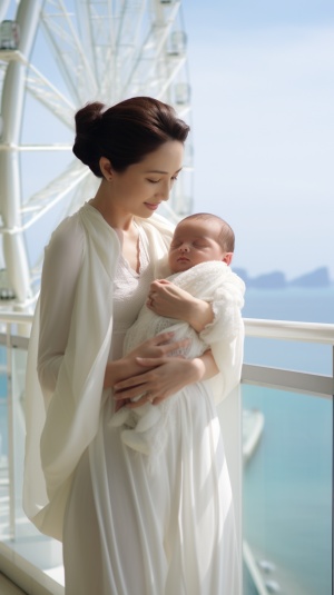 优雅亚洲妈妈海滩别墅上抱着婴儿，背景是壮丽摩天轮景色