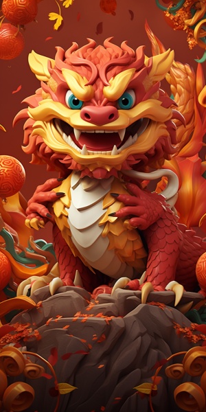 中国龙卡与红色背景下的可爱动物：Fawncore风格的32K UHD漫画插图