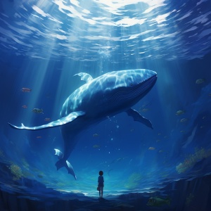 深海中的蓝鲸，鱼儿围绕着蓝鲸。远远的短发少女观察这一切（重点是蓝鲸）