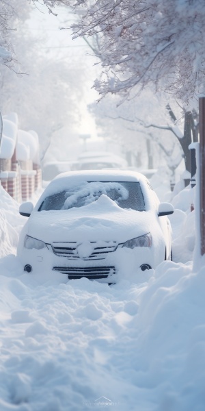 现实场景，雪停了，屋顶上车上地上都是厚厚的雪，洁白无瑕，门前停的车上面也被厚厚的雪积压，车头上有厚厚的雪即将滑落，超真实，超高清，